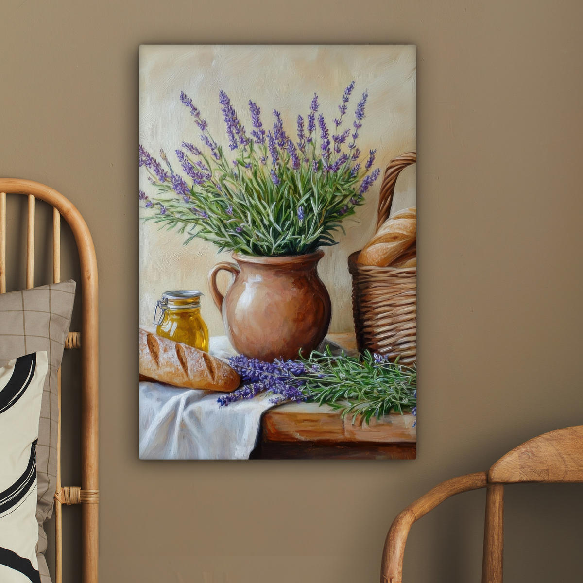 LEINWANDBILD Lavendel - Brot - Stilleben 60x90 cm - Flieder, Textil (60/90cm) - MuchoWow