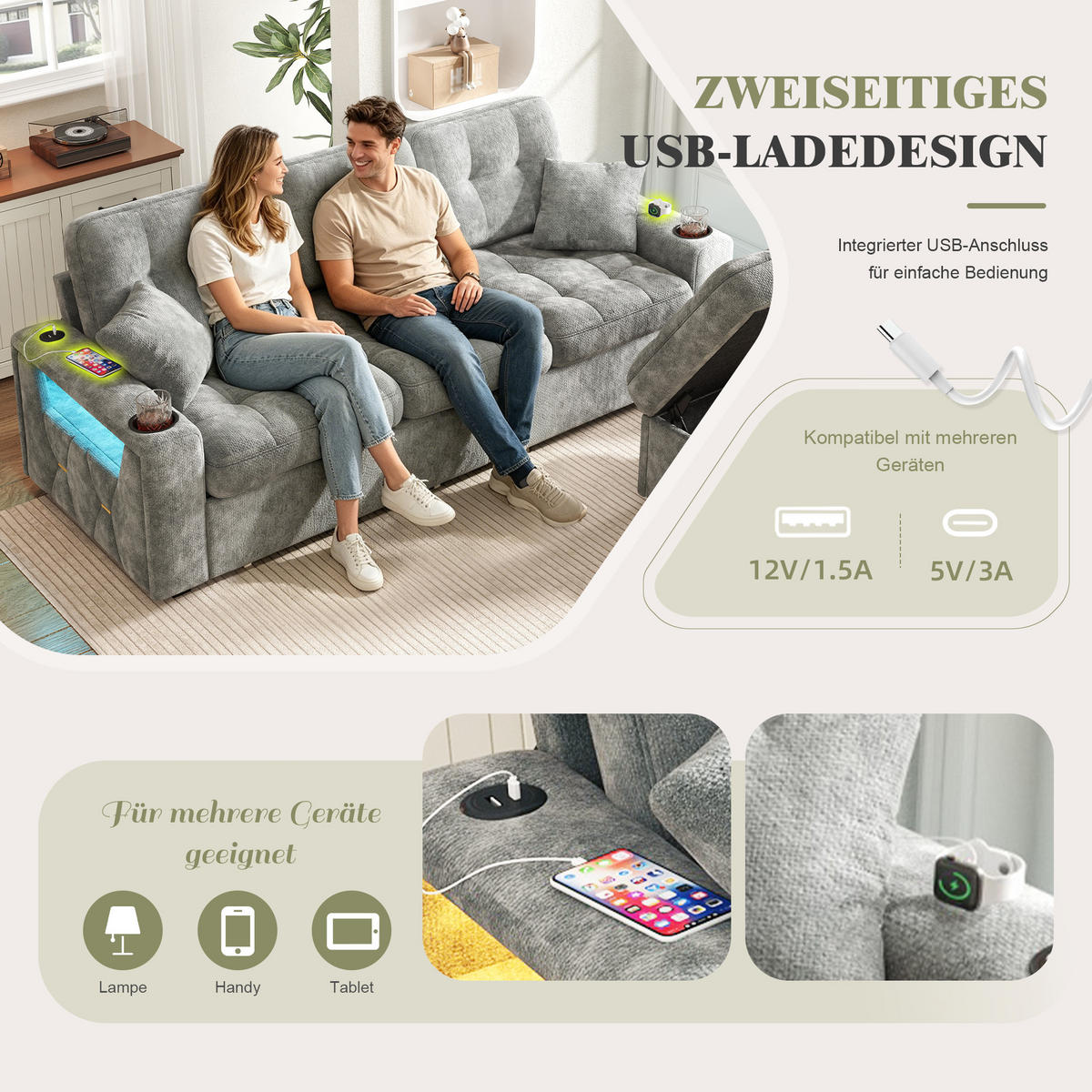 BIGSOFA aus Chenille mit USB-C, LED, Getränkehaltern und Stauraum - Dunkelgrau, Textil (194.5/83/133cm) - EVRYAE