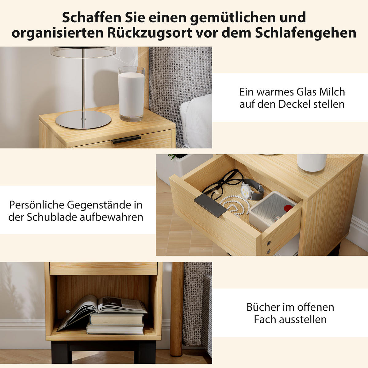 NACHTTISCH, Nachtschrank mit Schublade, offenes Fach Nachtkommode Eiche - Eichefarben/Schwarz, Holzwerkstoff (26/50/35cm) - HOMCOM