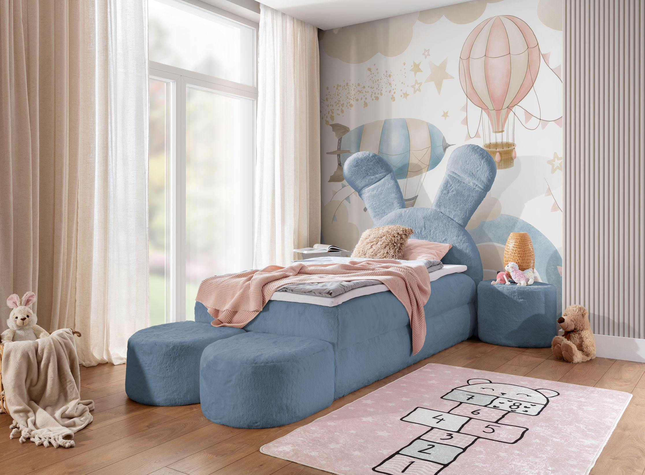 KINDERBETT Boxbett aus Kunstfell Carlow Premium Junior 100x200 cm, Blau - Blau, Textil (100/200cm) - Meblito