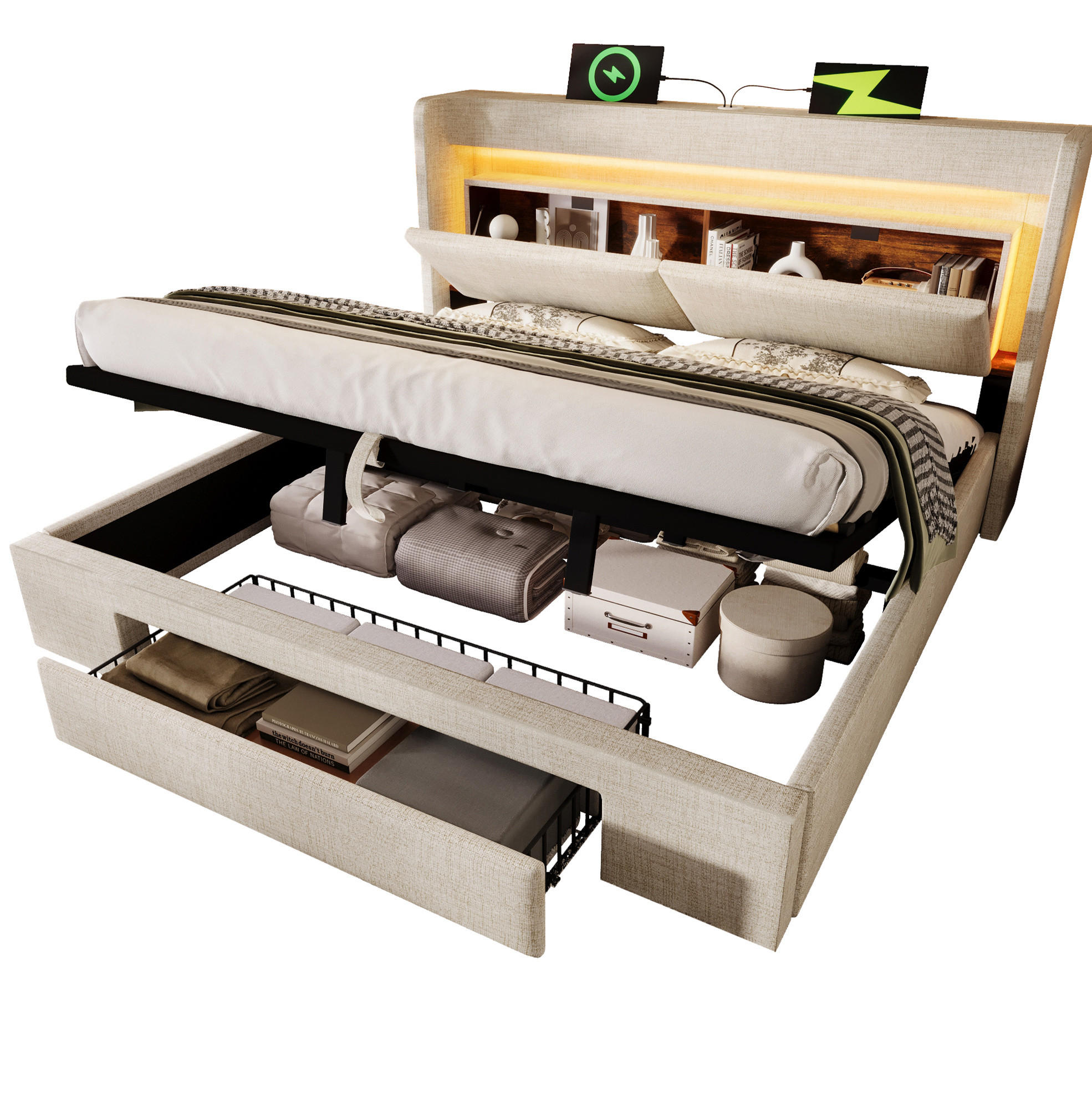 POLSTERBETT mit Stauraum, LED und USB 160x200 cm Leinen Beige inkl. Matratze - Beige, Metall (160/200cm) - Meubliv