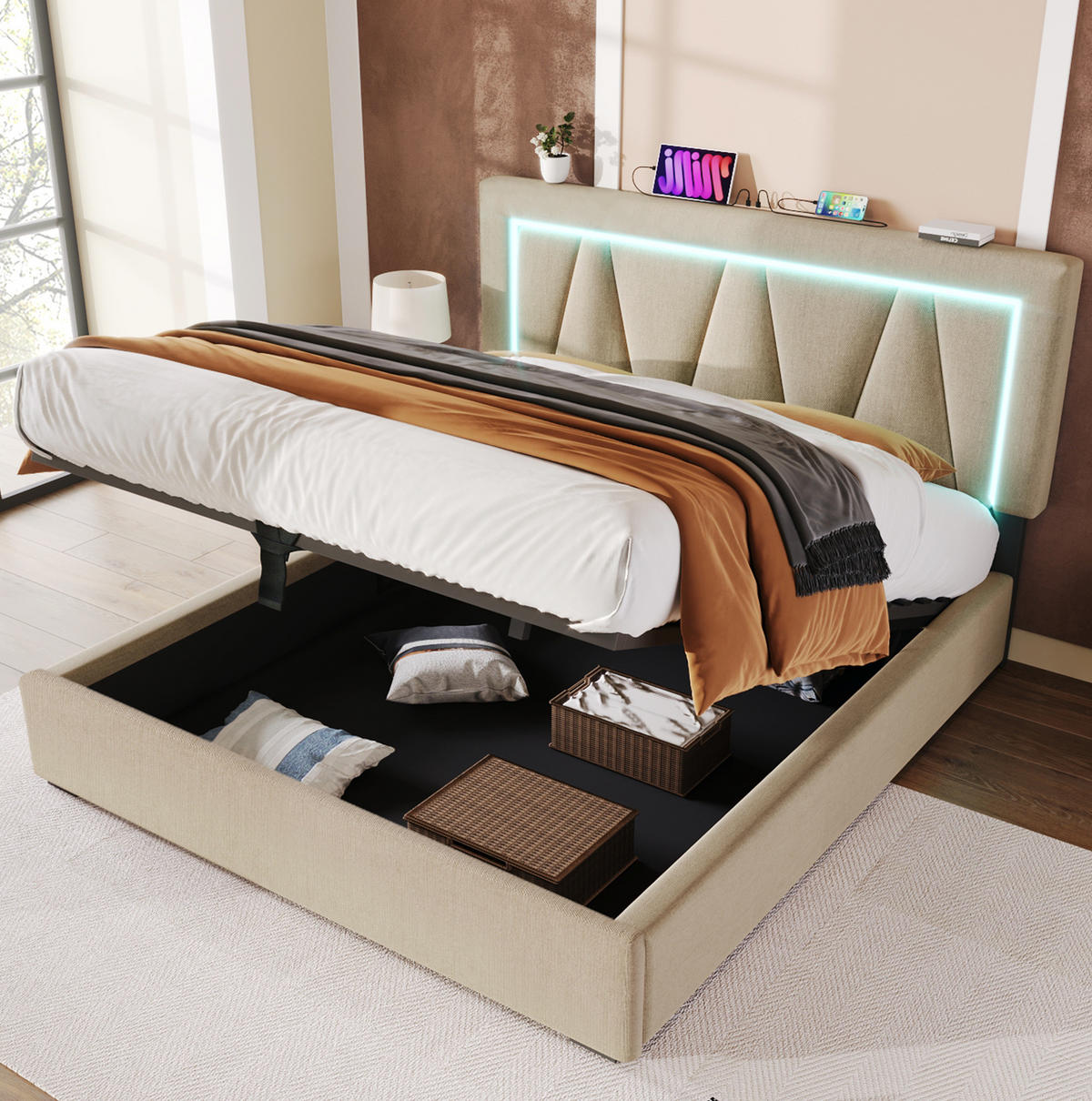 POLSTERBETT mit Stauraum LED und USB 160x200 cm Leinen Beige - Beige, Metall (160/200cm) - Meubliv