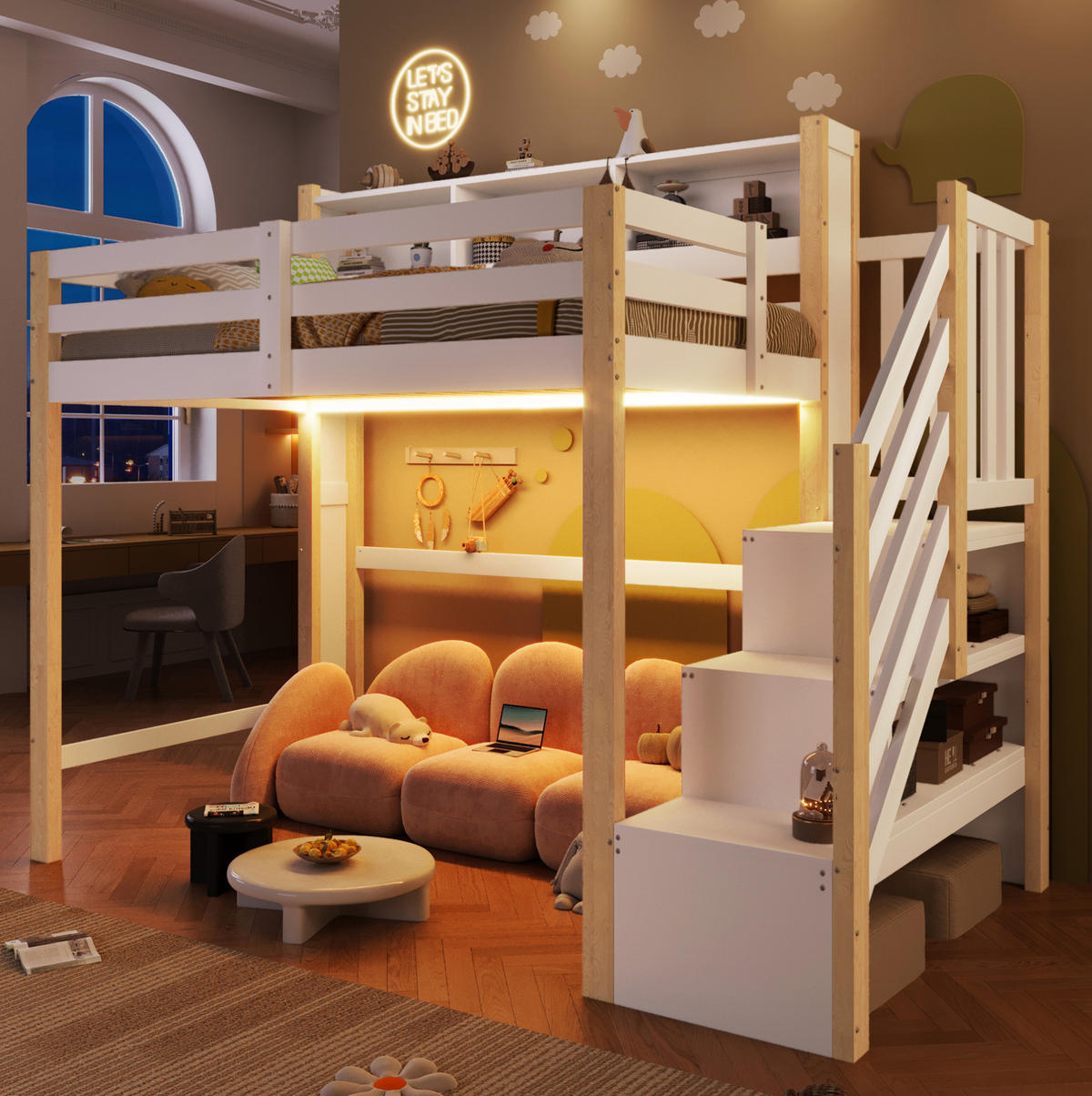 HOCHBETT 90/200 cm mit LED-Beleuchtung, Stauraumtreppe und offenem Staufach, Weiß/Natur - Weiß, Holz (90/200cm) - Redom