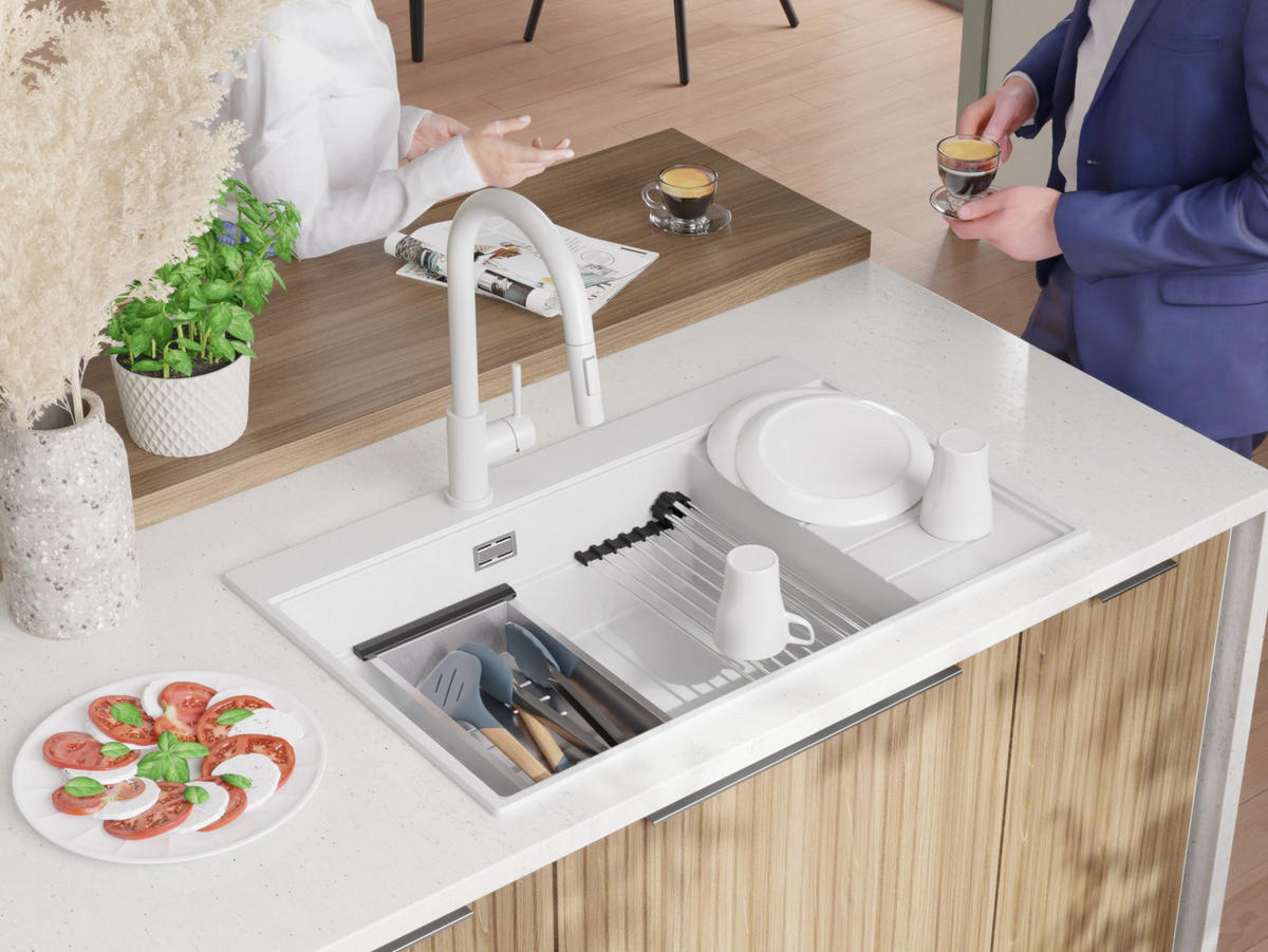 SPÜLBECKEN Sydney, 2-er set Weiß 78/50 cm 1 Becken + Ablauf-Set + Küchenzubehörset ab 60er Unterschrank - Chromfarben/Beige, Kunststoff (78/20/50cm) - Primagran