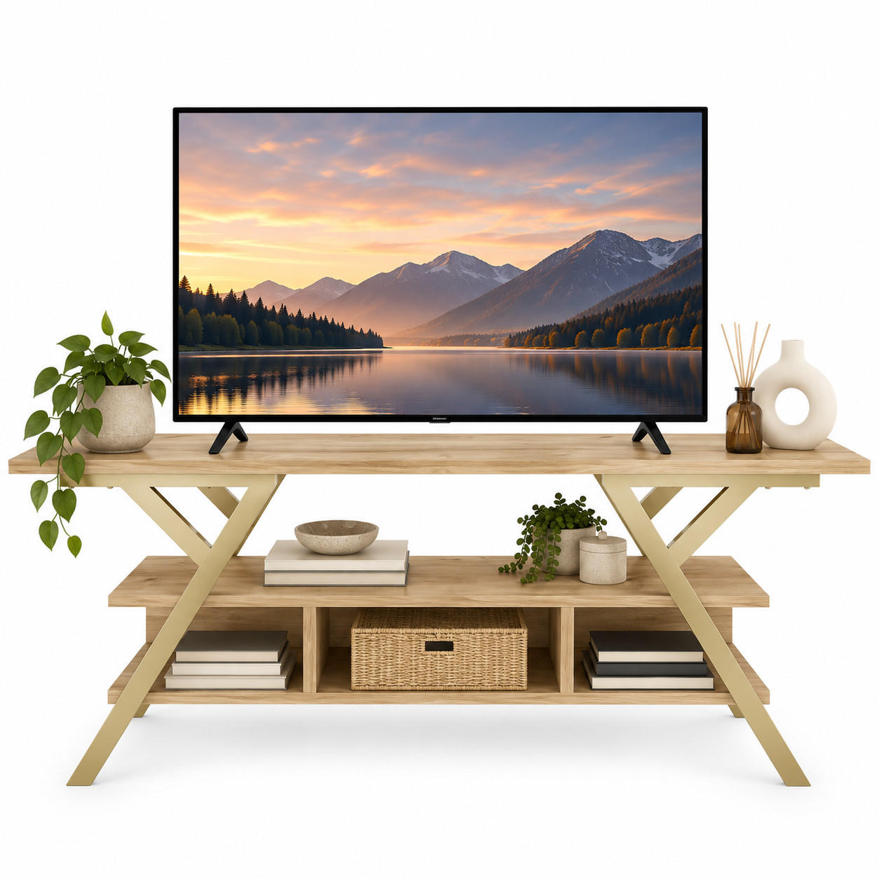 TV Stand Minerva Gold Eiche - Eichefarben/Goldfarben, Holzwerkstoff (120/55/35cm) - Decorotika