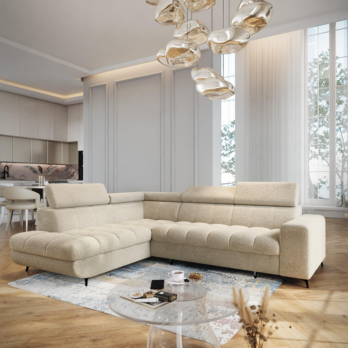 ECKSOFA MORIVA Q L-S Creme Boucle-Stoff mit Schlaffunktion - Creme, Holzwerkstoff/Textil (253/190cm) - MASSENO