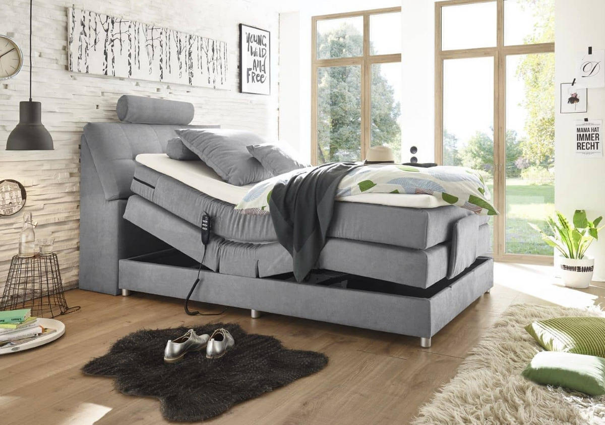 BOXSPRINGBETT inkl. Elektrofunktion, 7-Zonen-Tonnentaschen-Federkernmatratze und Komfort T25 Schaumtopper - Silberfarben/Hellgrau, Holz/Holzwerkstoff (120/200cm) - ed exciting design