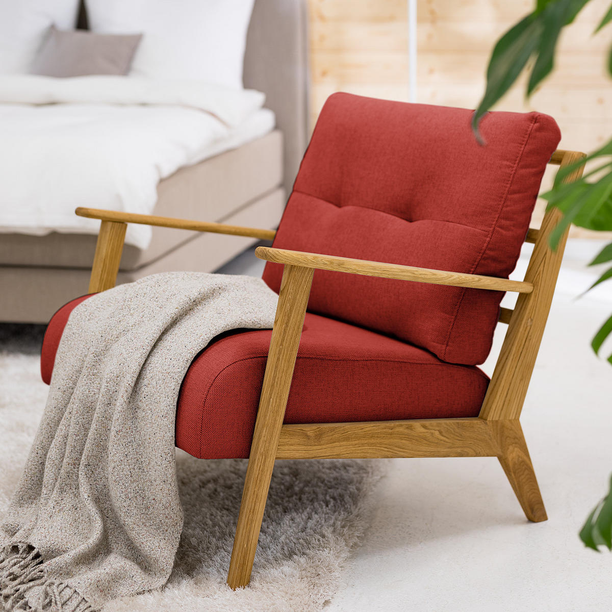 SESSEL - Eichefarben/Rot, Eichenholz/Textil (83/80/75cm) - home24