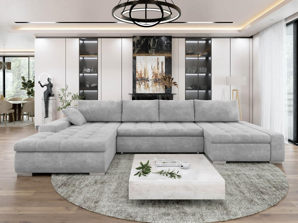 WOHNLANDSCHAFT Caro - Greige/Silberfarben, Holz/Textil (394/80/213cm) - MIRJAN24