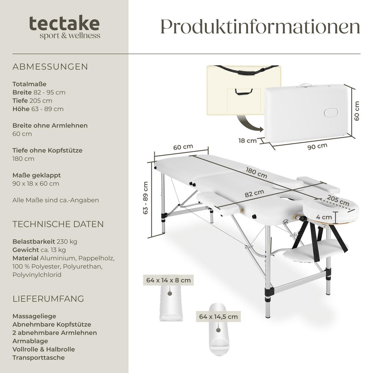 MASSAGELIEGE 2 Zonen, 210 x 95 x 89 cm,weiß - Weiß, Metall (95/89/210cm) - tectake