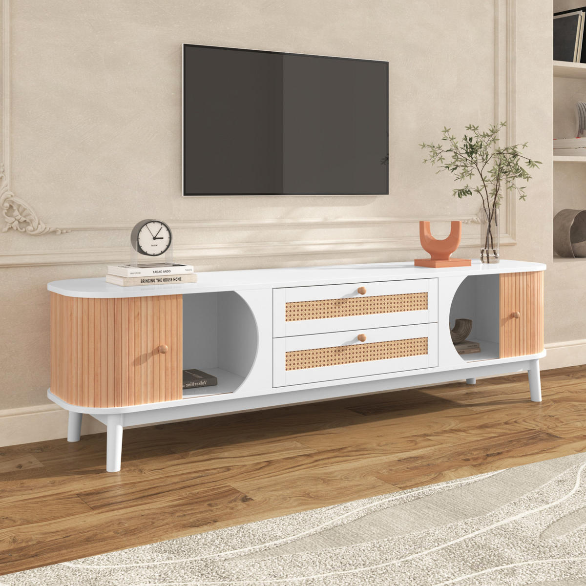 TV Lowboard Rattan, 2 Türen, 2 Schubladen, Weiß Holz - Weiß, Holz (170/46/39cm)