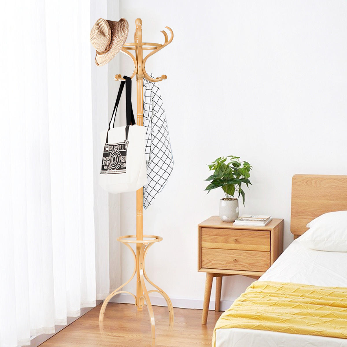 ŠATNÍK s držákem na deštníky, dřevo - barva starého dubu, dřevo (48/182/48cm) - COSTWAY