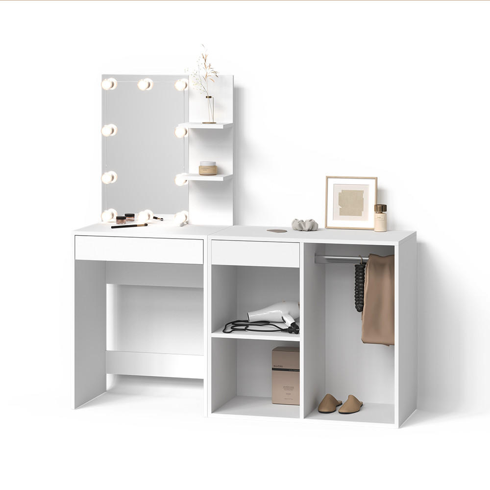 SCHMINKTISCH Nola Weiß 140 cm mit LED Beleuchtung und Schrank - Weiß, Holzwerkstoff (140/140/40cm) - Livinity®