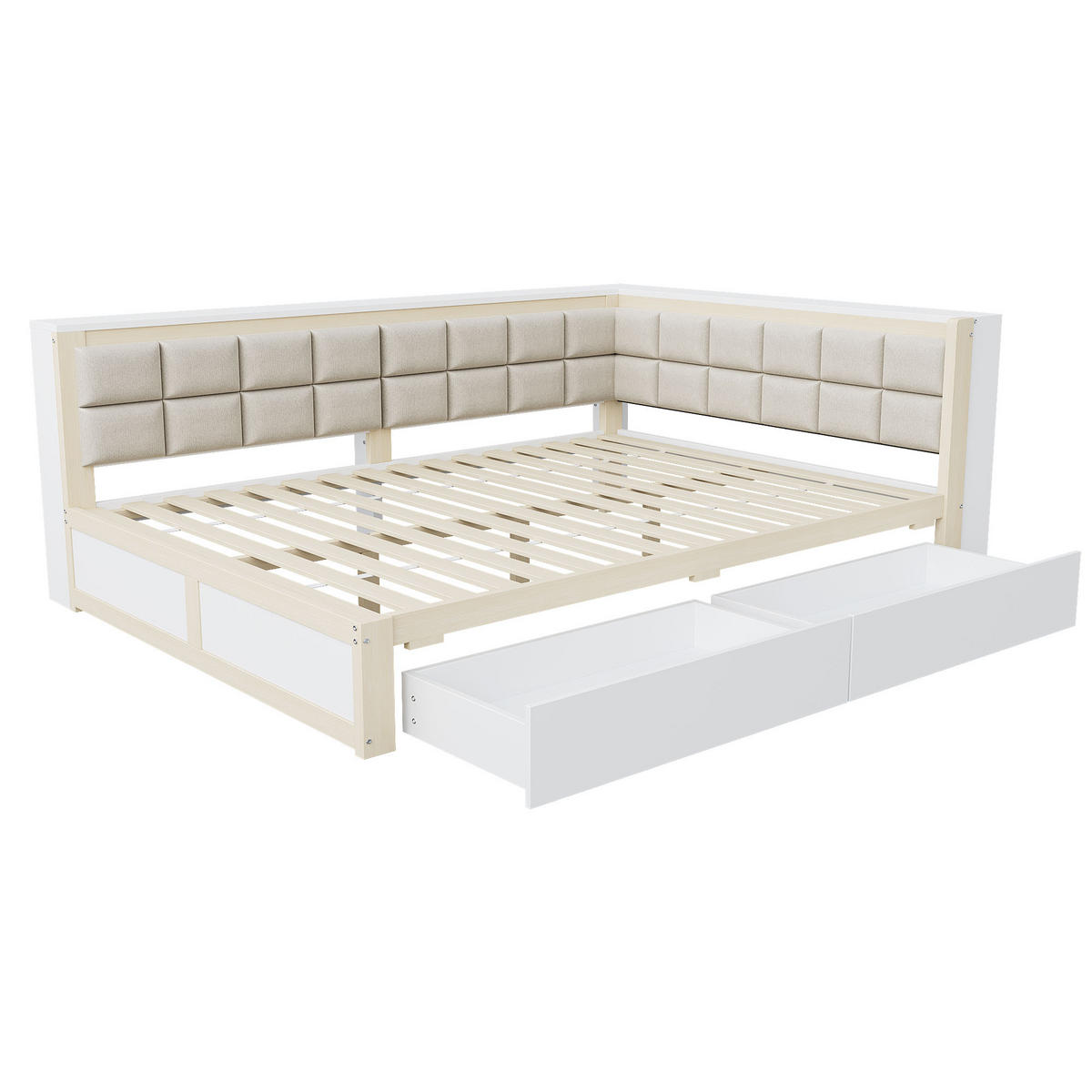 BETT mit weicher Rückenlehne Kiefernholz 140/200 cm mit Stauraum - Weiß, Holz (140/200cm) - OKWISH