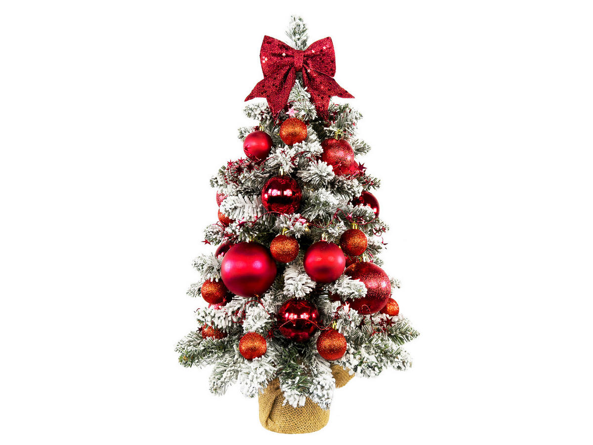 WEIHNACHTSBAUM künstlicher 60 cm mit LED-Beleuchtung, GOLDWEIHNACHTEN, mit 34 Weihnachtsbaumschmuck, Pflanztopf mit Jutesack - Rot/Weiß, Kunststoff/Stein (40/60cm) - LAALU