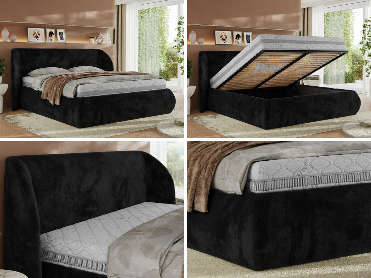 POLSTERBETT CAELA CLASSIC 140/200 - Schwarz Plüsch - Multipocket-Matratze - Schwarz, Textil (140/200cm) - MKS