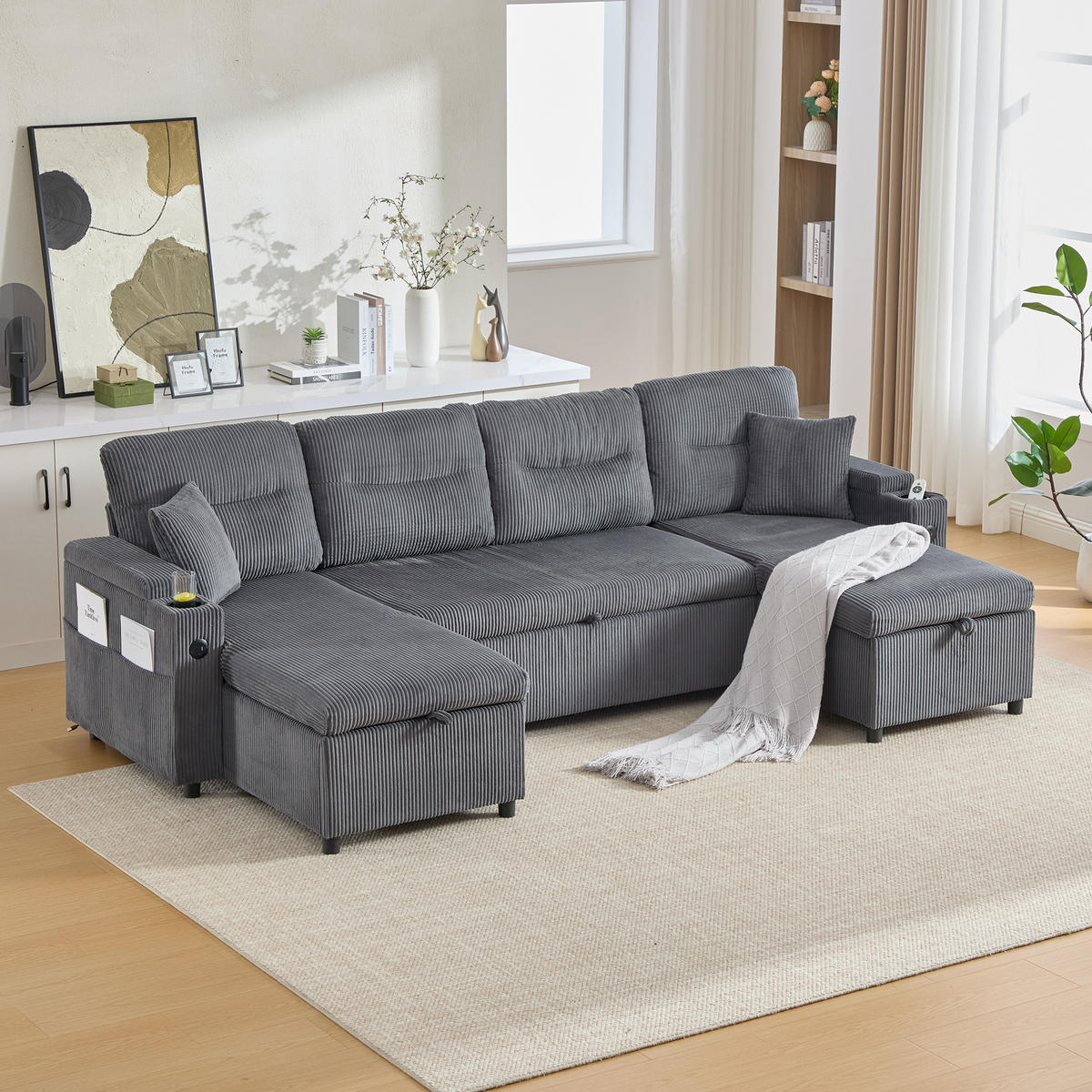 SCHLAFSOFA 4-Sitzer mit Chaiselongues, USB und Stauraum, Schwarz - Grau, Textil (272/86/136cm)