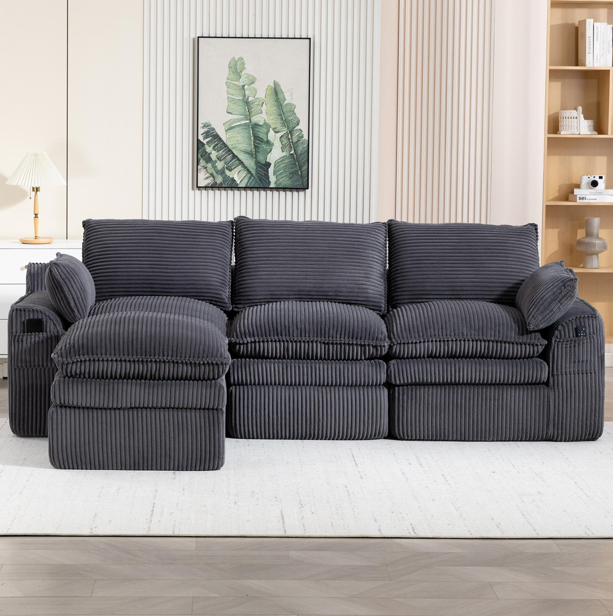 SOFA modular mit Fußbank 263 x 167 cm Corduroy Dark Gray - Grau, Kunststoff (167/263cm) - Meubliv