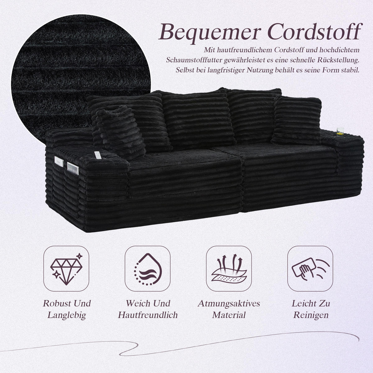 SCHLAFSOFA aus Cord mit Getränkehaltern und Kissen, Schwarz - Schwarz, Textil (107.48/34.25/38.58cm)