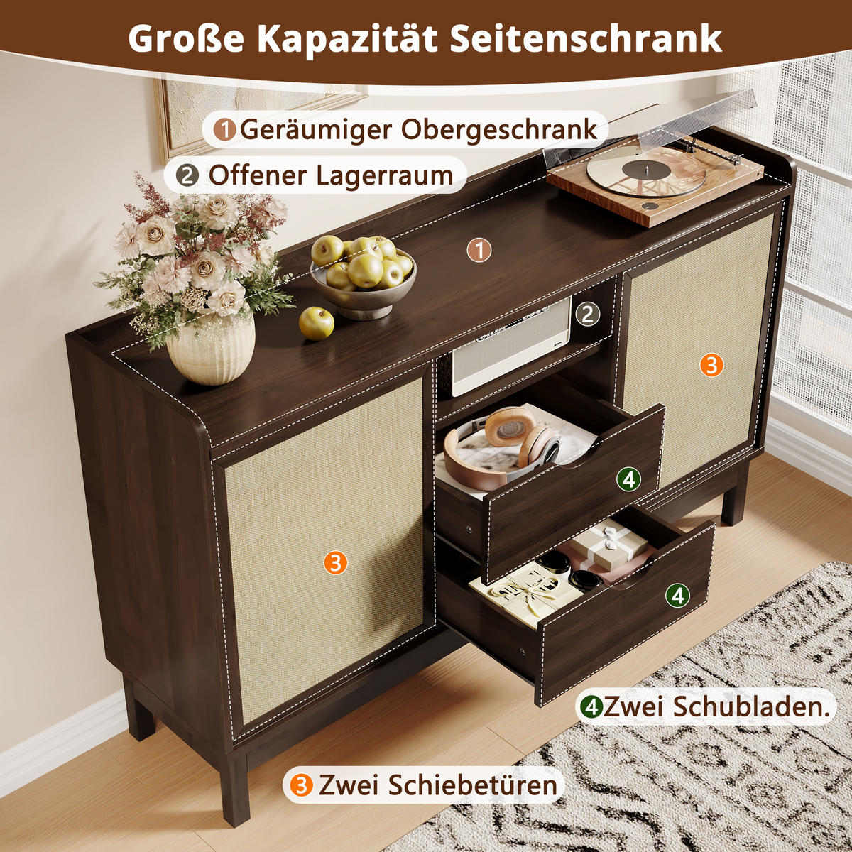 SIDEBOARD Schiebetüren 2 Schubladen Wohn Esszimmer Multifunktional - Naturfarben, Holzwerkstoff (39.5/80/150cm) - FLIEKS