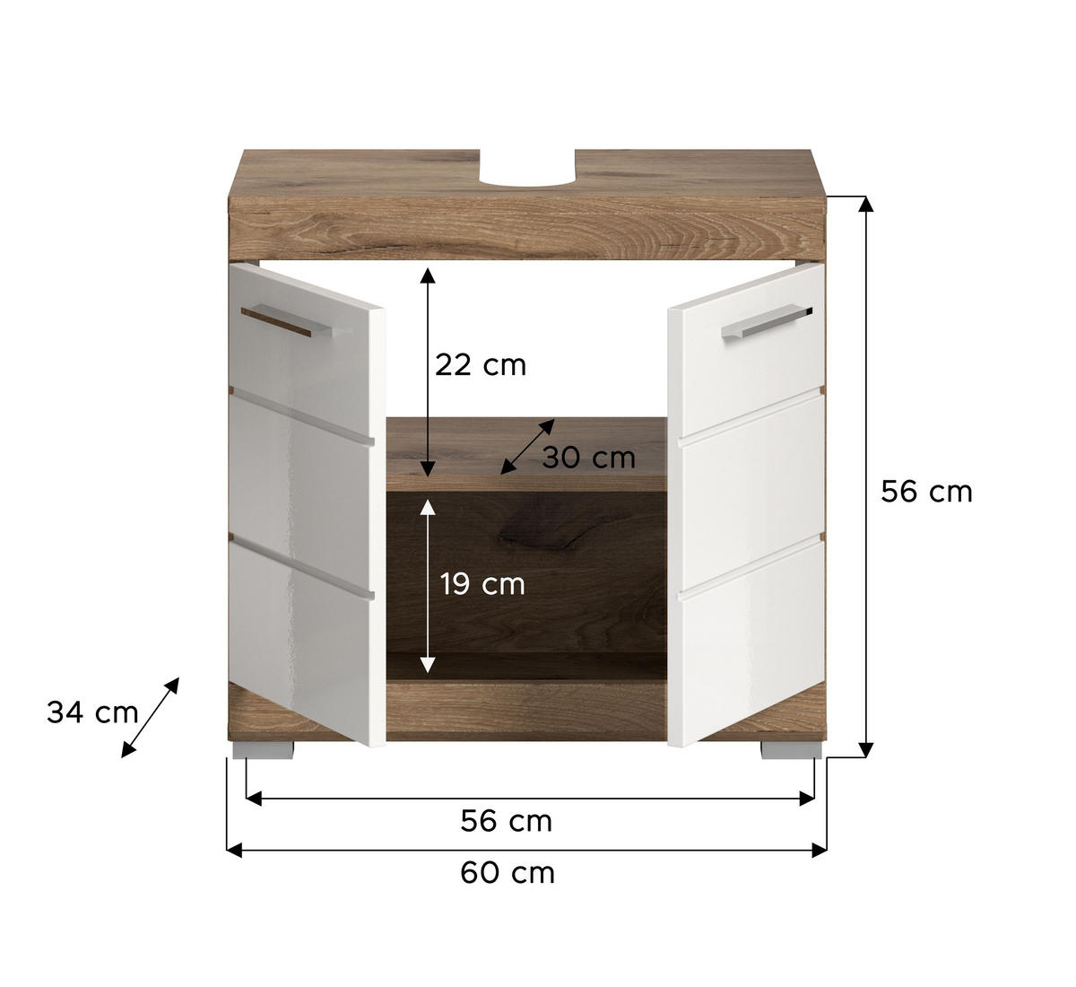 WASCHBECKENUNTERSCHRANK Wave Bad in Nox Oak Nb. und weiß hochglanz B/H/T: 60x56x34 cm - Eichefarben, Holz (60/56/34cm)