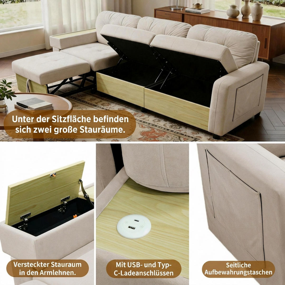 ECKSOFA 228/115/78 cm Beige mit ausziehbarer Ottomane, USB-Anschluss und Stauraum - Beige, Textil (228/80cm) - Oxeza