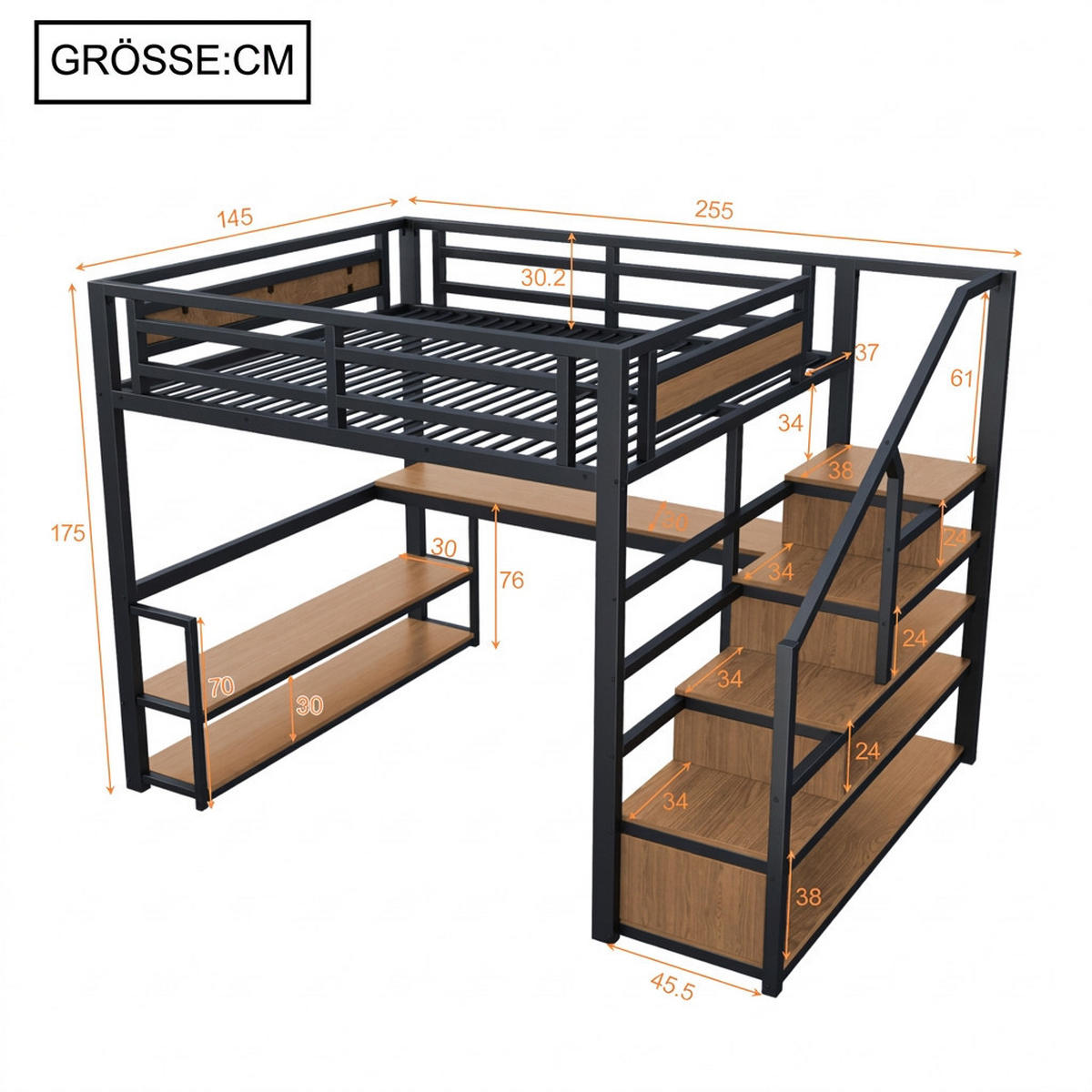 HOCHBETT 140/200 cm Schwarz mit LED-Lichtleisten, Stautreppen und Tisch - Schwarz, Metall (140/200cm) - Oxeza