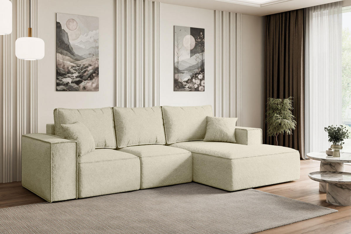 ECKSOFA mit Schlaffunktion und Bettkasten SERRA-L-S - 266x161x87 cm Beige Bouclé - Beige/Schwarz, Holzwerkstoff/Kunststoff (266/161cm) - ALTDECOR