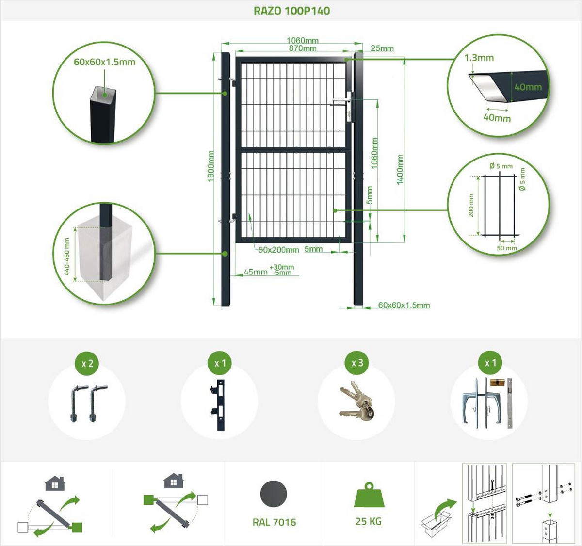 ZAUNTOR Razo grau 1m H.140cm Metall - Grau, Metall (106/146cm) - Casanoov