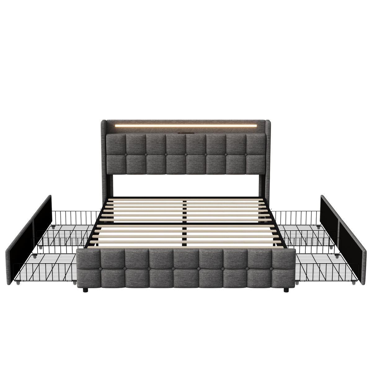 POLSTERBETT 160x200 cm Square Smart mit RGB-LED, EU-Steckdosen & USB-Ports, 4 Schubladen, Leinen-Optik, Dunkelgrau - Grau, Textil (160/200cm) - DELFA