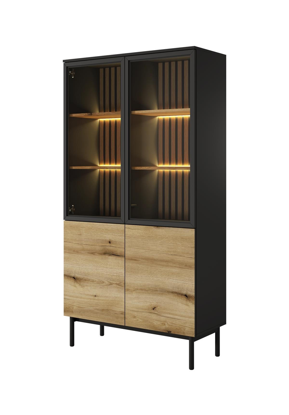 VITRINE Lango 188 Schwarz mit Eiche Evoke, Glasvitrine mit Led-Beleuchtung - Schwarz, Holzwerkstoff (100/188/39cm) - Bettso