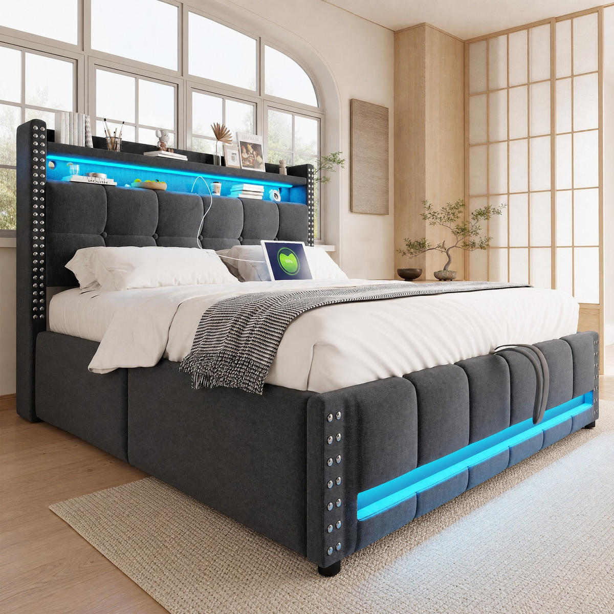 POLSTERBETT 140/200 mit Bettkasten, LED-Beleuchtung, USB-Steckdose und Stauraum in Grau - Grau, Holzwerkstoff/Textil (140/200cm) - EVRYAE