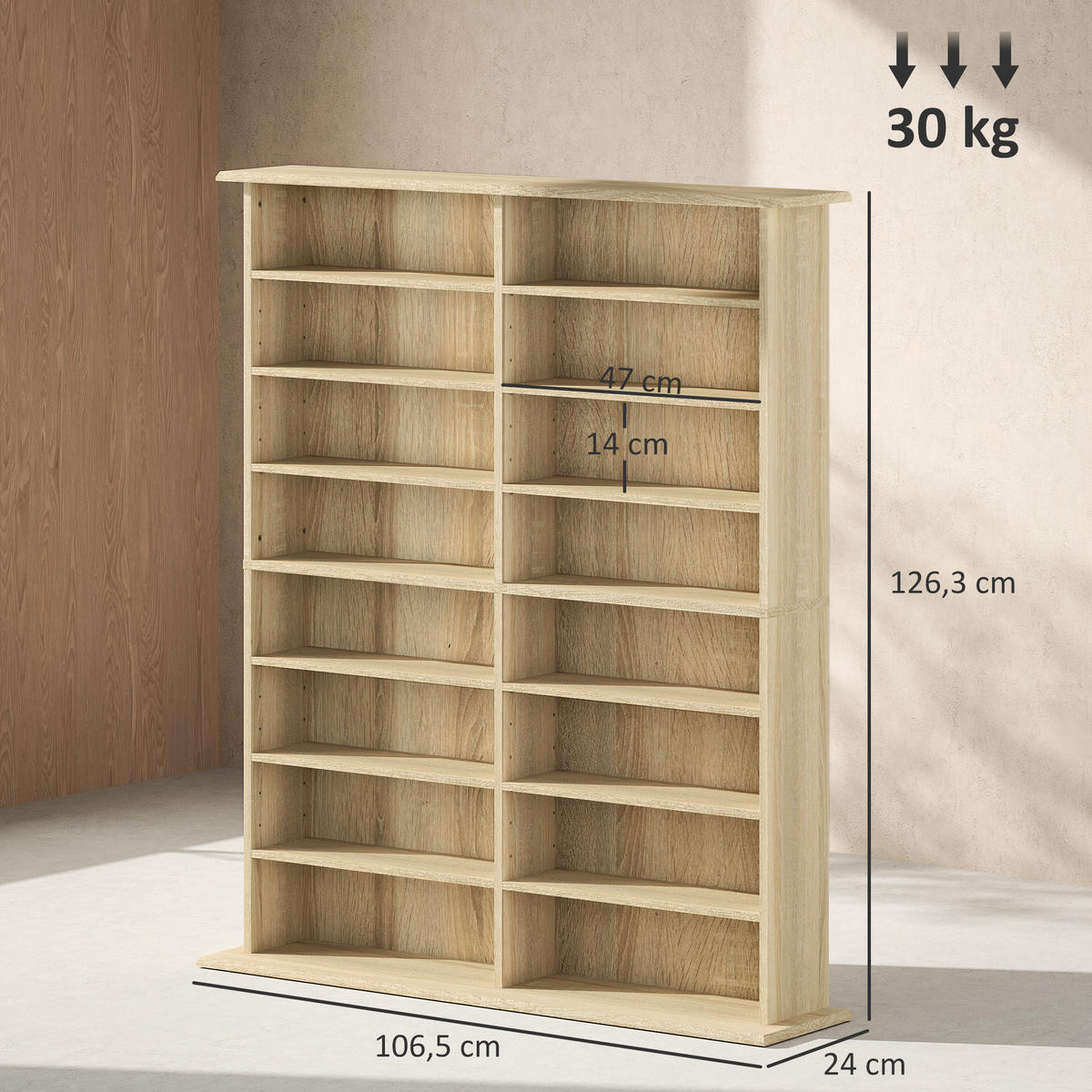 CD-REGAL DE-14452 16 Fächer, 12 verstellbare Böden Naturholz - Naturfarben, Holzwerkstoff (24/126.3/106.5cm) - ComfortXL