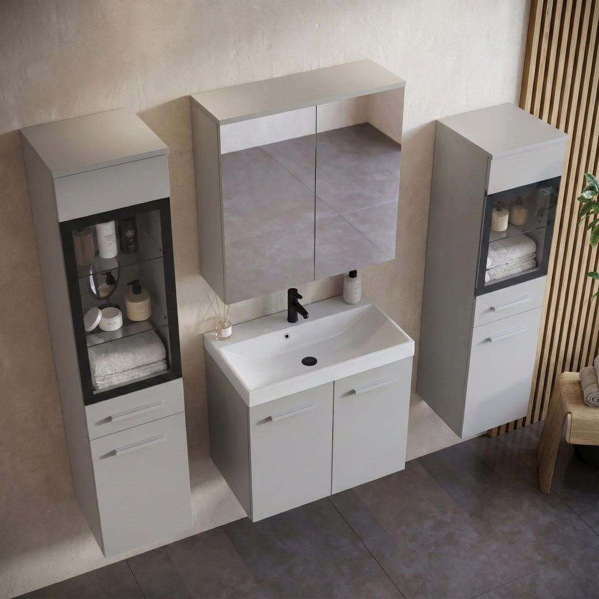 BADMÖBEL-SET Mirano 5 Teile Grau Matt - 60 x 35 x 51 cm - Grau, Holz (60/47/35cm) - Badplaats