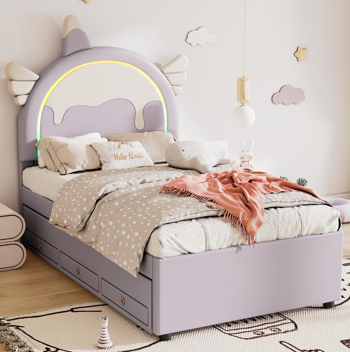 KINDERBETT aus PU 90x200 cm Violett mit ausziehbarem Rollbett und Schubladen im Einhorn-Design - Violett, Kunststoff (90/200cm) - Modfu