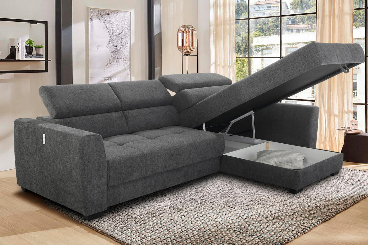 ECKSOFA mit elektrischer Sitztiefenverstellung, Kopflehnen verstellbar, USB-Ladefunktion, Bettkasten B300/T196/H103 cm, Chenille Dunkelgrau / 15409 - Dunkelgrau/Schwarz, Kunststoff/Textil (300/196cm) - luma-home