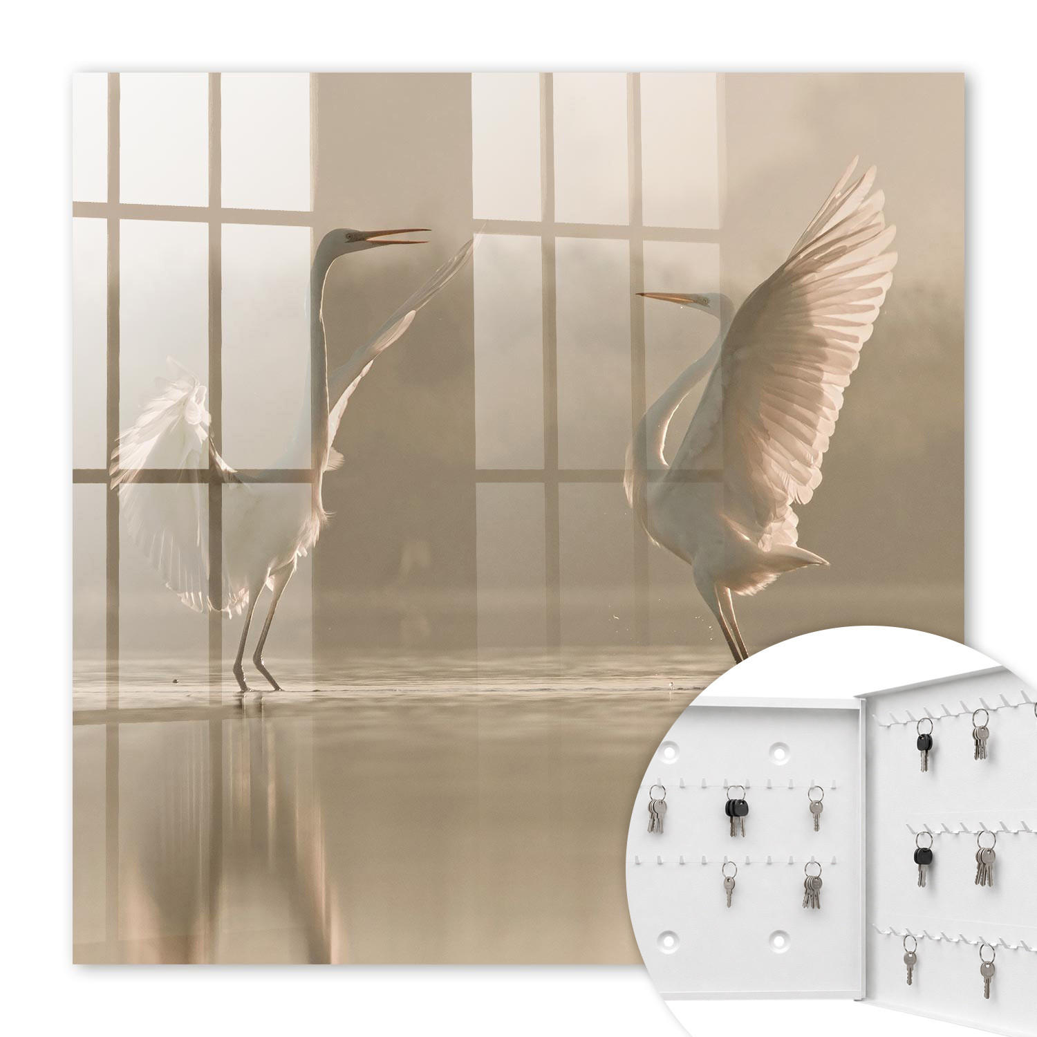 SCHLÜSSELBOX Weiß 30x30 cm – Türöffnung nach rechts - Vogeltanz - Beige, Metall (30/30/5cm) - TULUP