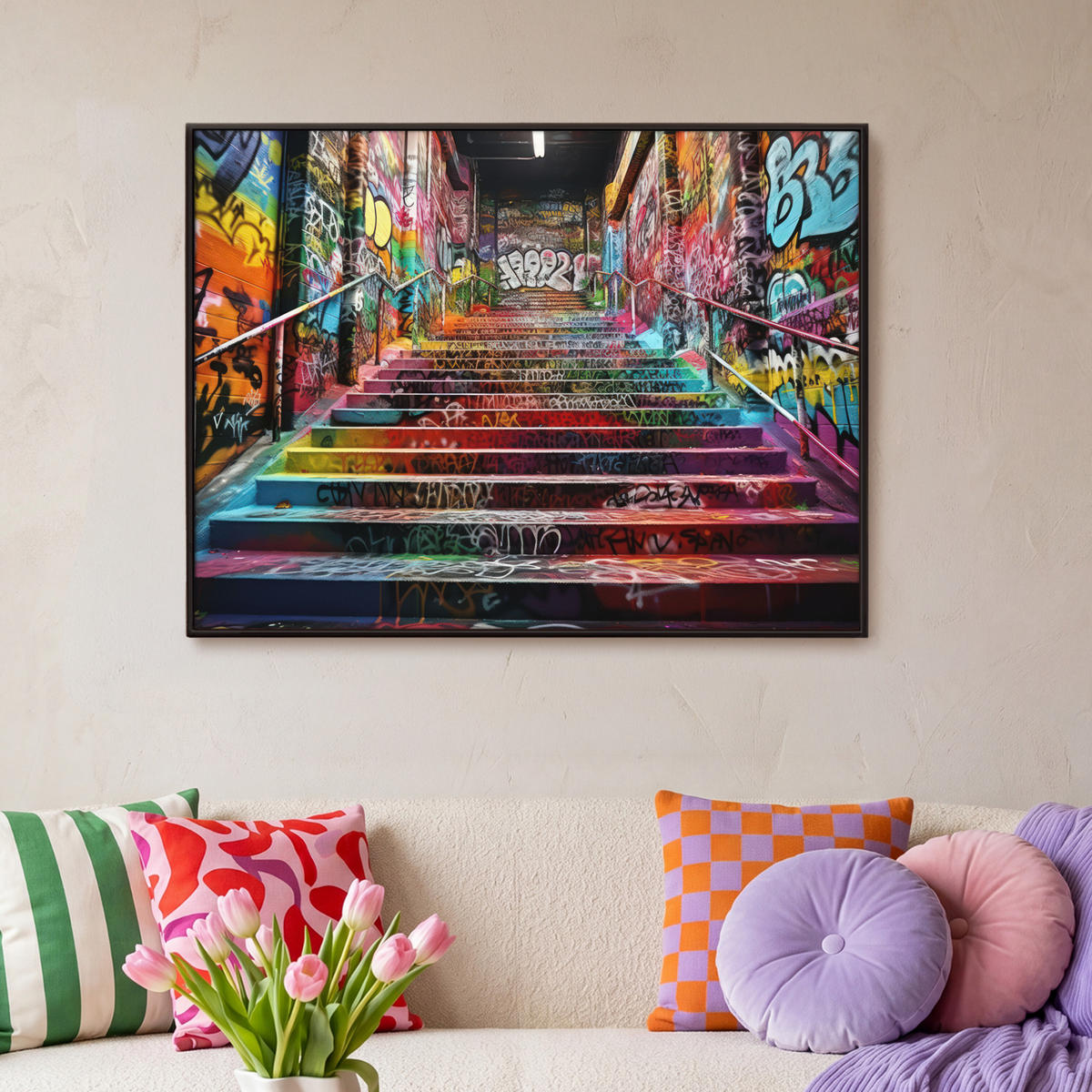 LEINWAND Bilder mit Rahmen - Treppe - Graffiti - Farben - Kunst - 100x70 - Multicolor, Textil (100/70cm) - MuchoWow