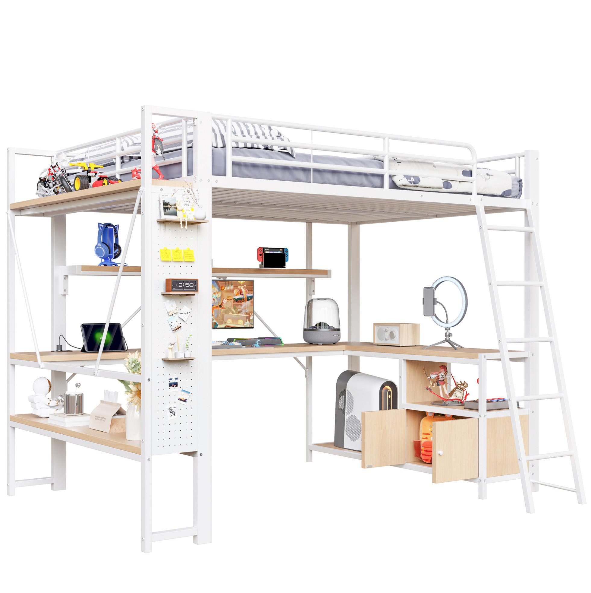 HOCHBETT 140/200 cm aus Metall/MDF mit Schreibtisch, LED-Lichtleiste und Stauraum Weiß - Weiß, Metall (140/200cm) - Modenvie