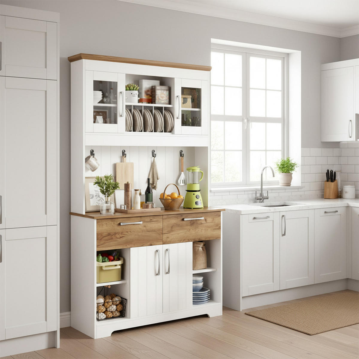 HIGHBOARD in Weiß und Holzoptik, viel Stauraum und mit Vitrinenfächern - Weiß, Holzwerkstoff (106/176.5/39cm) - Urban Meuble