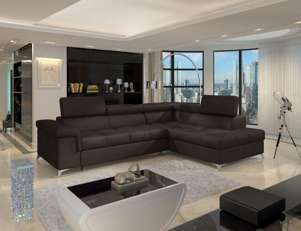 ECKSOFA mit Schlaffunktion und Bettkasten, pflegeleichter Monolith-Stoff - Chromfarben/Dunkelbraun, Textil/Metall (202/275cm) - Eltap