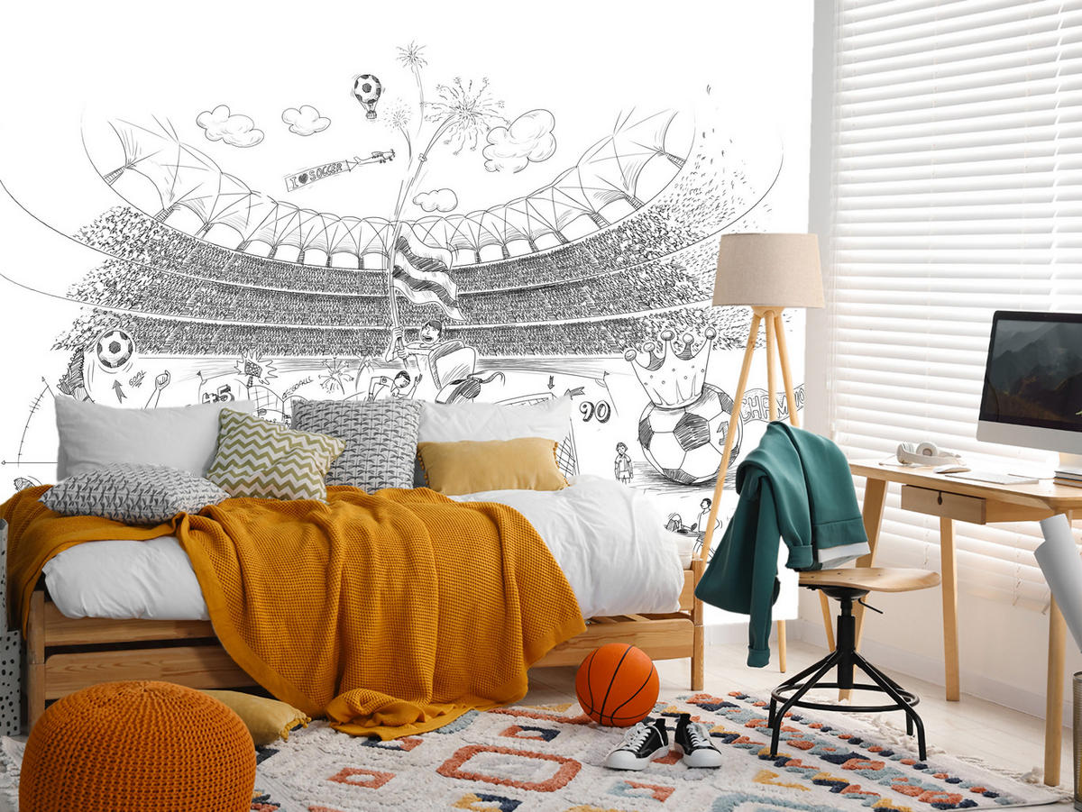 FOTOTAPETA Pre Detskú Izbu Futbalový Štadión Skica Hráč Lopta Pohár Šport 450 x 315 cm - sivá/biela, papier (450/315cm) - Muralo