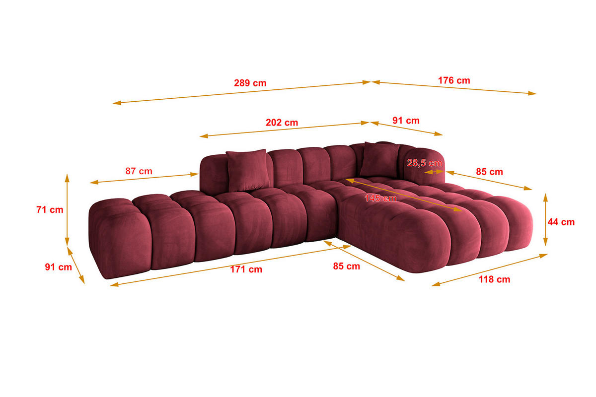 ECKSOFA Ottomane Rechts OLEA-L2 - 289x176x71 cm Bordeaux - Bordeaux/Schwarz, Holzwerkstoff/Kunststoff (289/176cm) - ALTDECOR