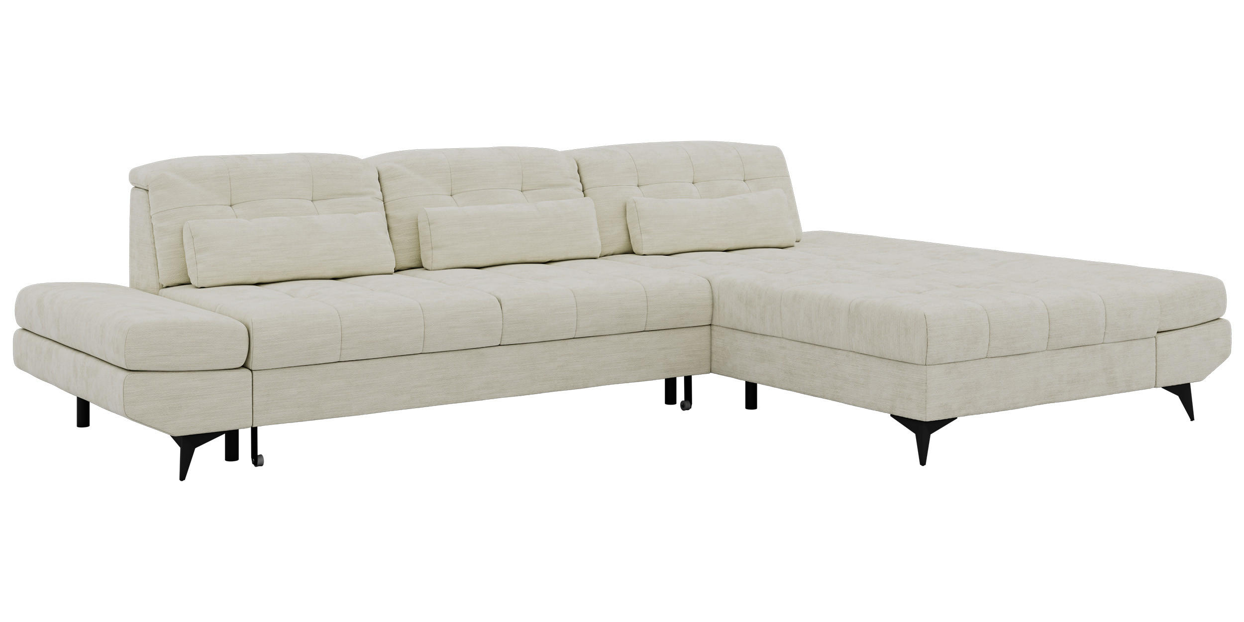 ECKSOFA ALVENO L - Creme Schenille glatt - Rechts Seite - Creme/Schwarz, Textil/Metall (344/218cm) - MKS