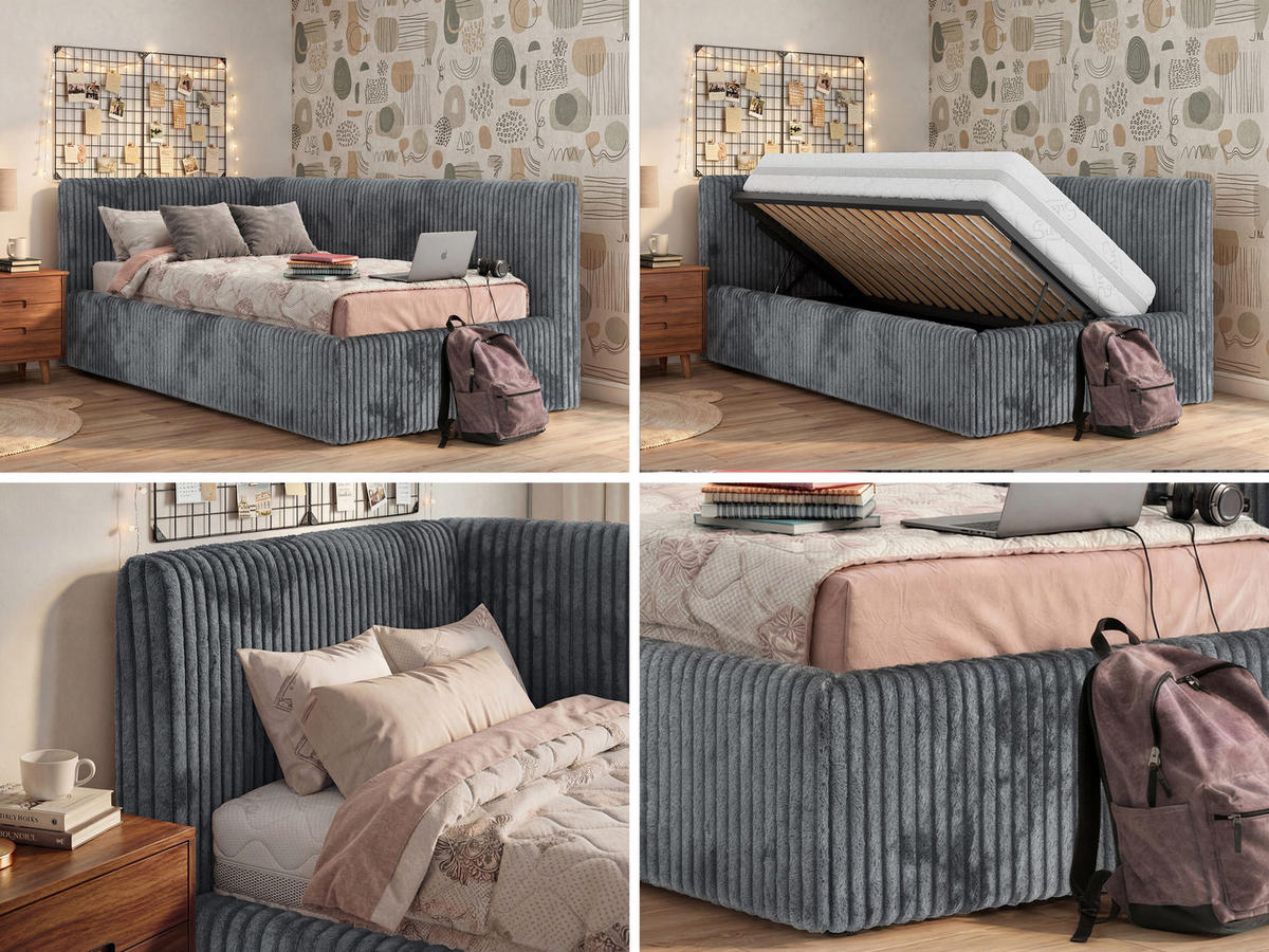 POLSTERBETT TILVO 90/200 - Grau Cord - Ohne Matratze - Links - Grau, Textil (90/200cm) - MKS