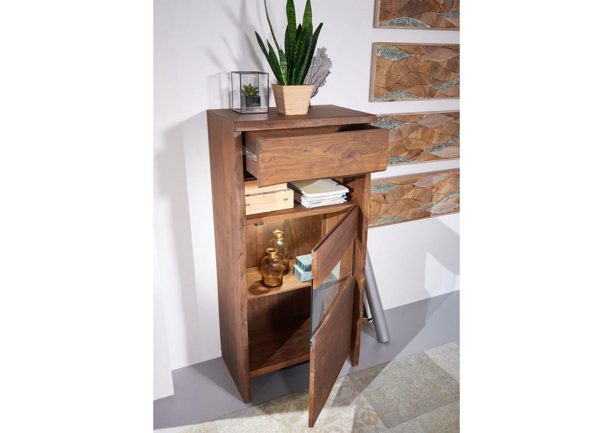 VITRINE Akazie 71x45x147 braun lackiert PURE ACACIA #210 - Braun, Holz (71/147/45cm) - Massivmoebel24