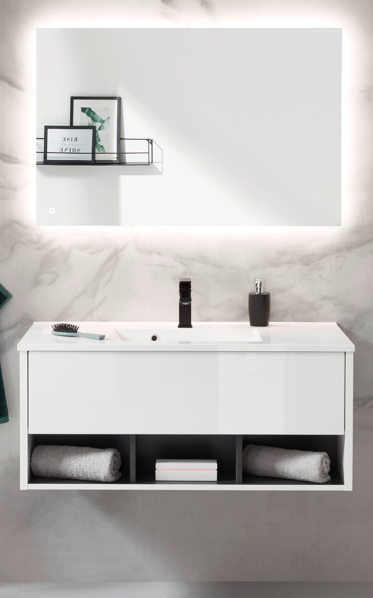 BADMÖBEL Set in weiß Hochglanz und grau mit Waschbecken und LED Beleuchtung 100 x 190 cm Glide - Weiß Hochglanz/Grau, Glas/Holzwerkstoff (100/190/190cm) - Furn.Design