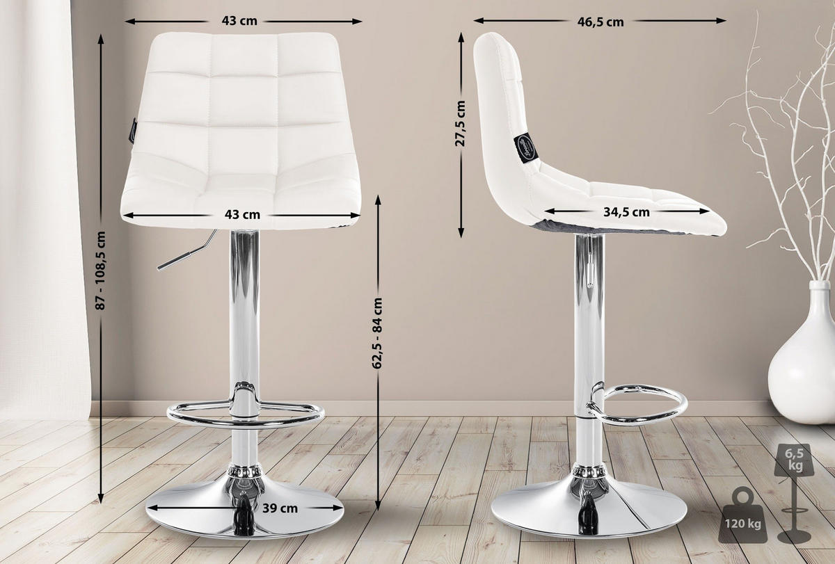BARHOCKER Jerry Kunstleder 87-108,5 cm weiß - Weiß, Leder (43/87/46.5cm) - furnicato