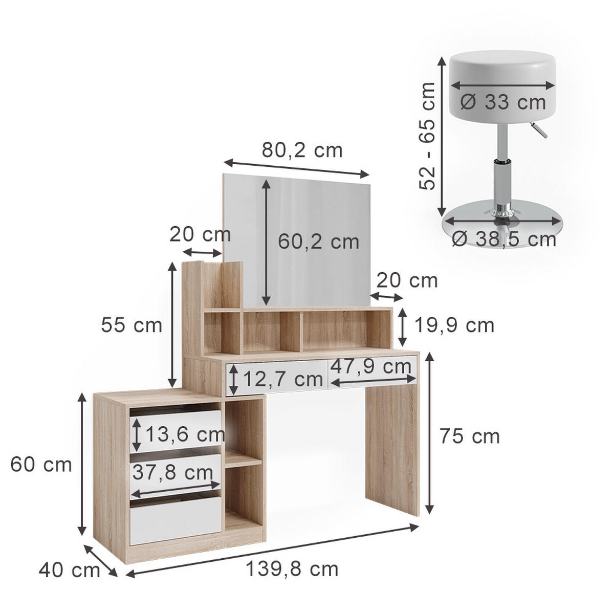 SCHMINKTISCH Anja Weiß/Sonoma 139.8 cm mit Hocker - Weiß/Sonoma Eiche, Holzwerkstoff (139.8/115/40cm) - Vicco