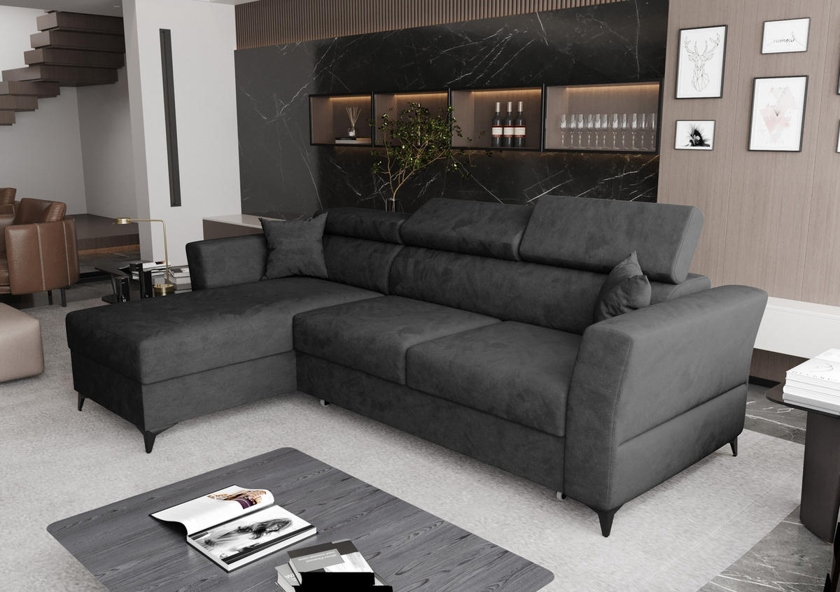 ECKSOFA L Form Ribella Antrazit 265/180/100 cm Links mit Schlaffunktion - Schwarz/Grau, Textil/Metall (180/265cm) - AX Living
